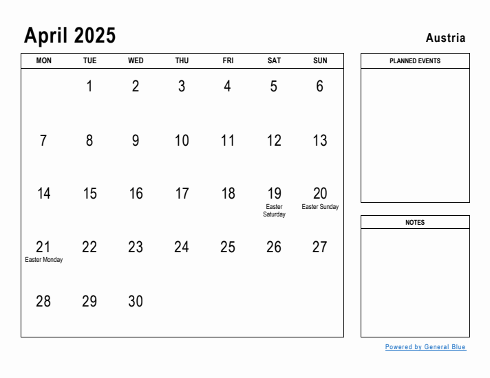 April 2025 Printable Monthly Calendar with Austria Holidays