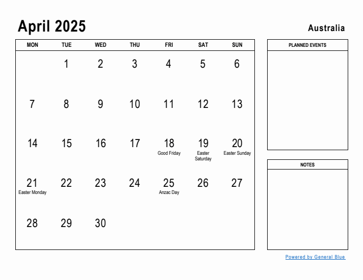 April 2025 Printable Monthly Calendar with Australia Holidays