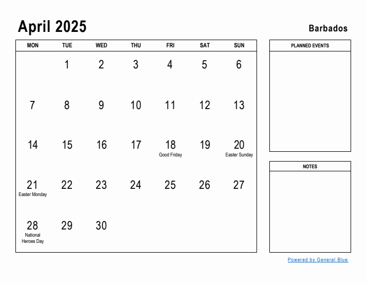 April 2025 Printable Monthly Calendar with Barbados Holidays