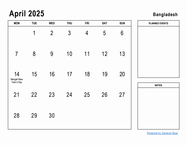 April 2025 Printable Monthly Calendar with Bangladesh Holidays