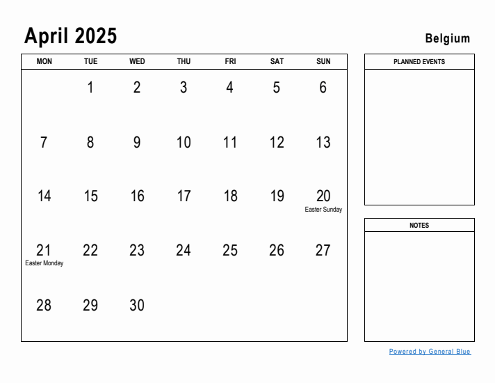 April 2025 Printable Monthly Calendar with Belgium Holidays