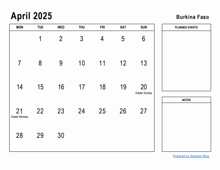 April 2025 Printable Monthly Calendar with Burkina Faso Holidays