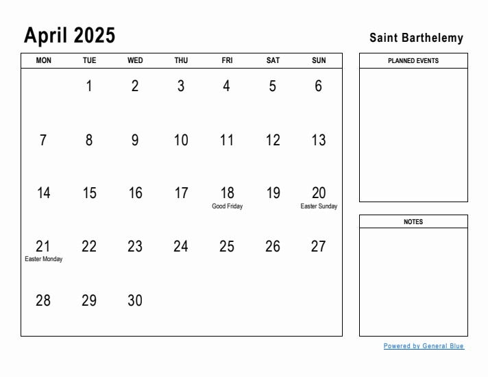 April 2025 Printable Monthly Calendar with Saint Barthelemy Holidays