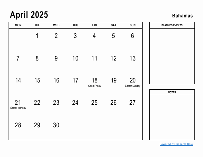 April 2025 Printable Monthly Calendar with Bahamas Holidays