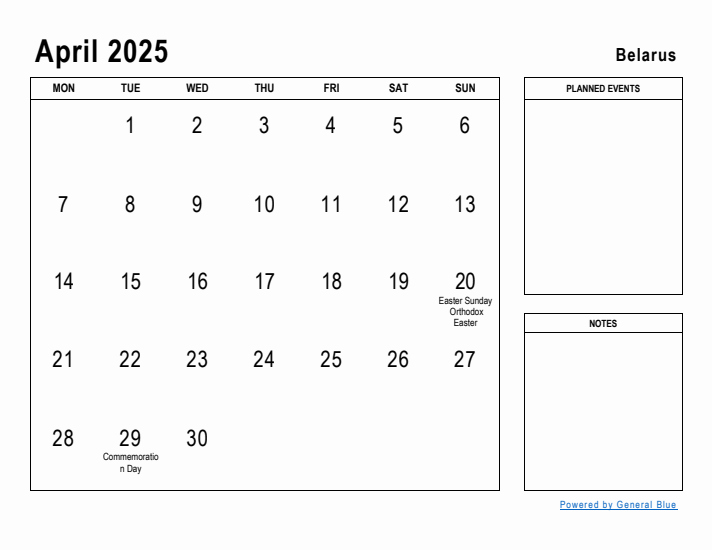 April 2025 Printable Monthly Calendar with Belarus Holidays