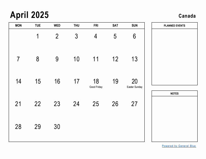 April 2025 Printable Monthly Calendar with Canada Holidays