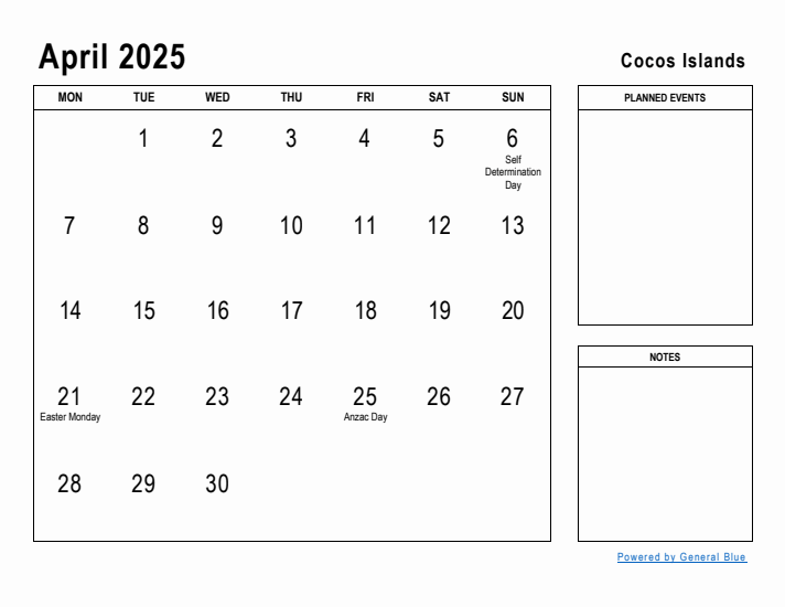 April 2025 Printable Monthly Calendar with Cocos Islands Holidays