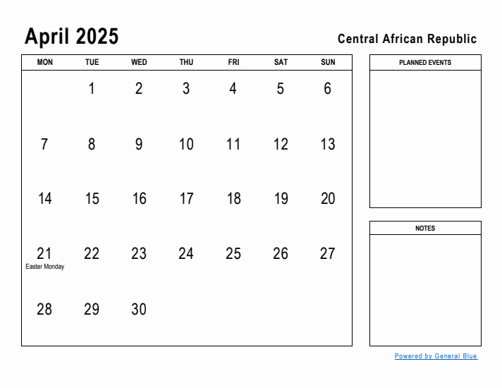 April 2025 Printable Monthly Calendar with Central African Republic Holidays