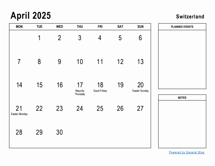 April 2025 Printable Monthly Calendar with Switzerland Holidays