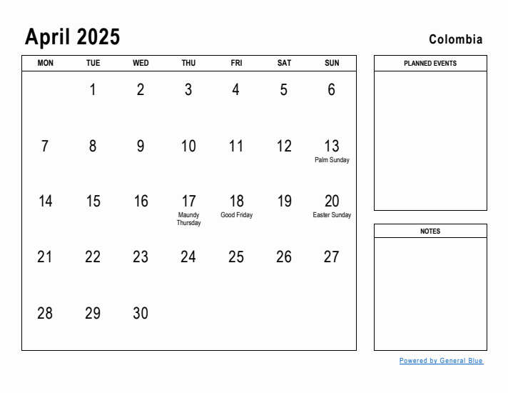 April 2025 Printable Monthly Calendar with Colombia Holidays