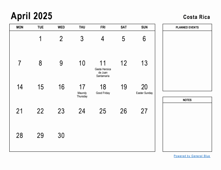 April 2025 Printable Monthly Calendar with Costa Rica Holidays