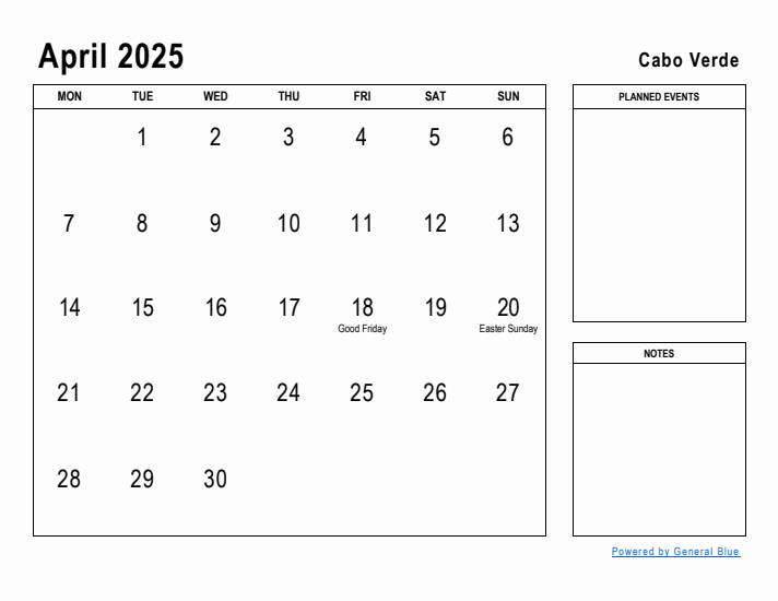 April 2025 Printable Monthly Calendar with Cabo Verde Holidays