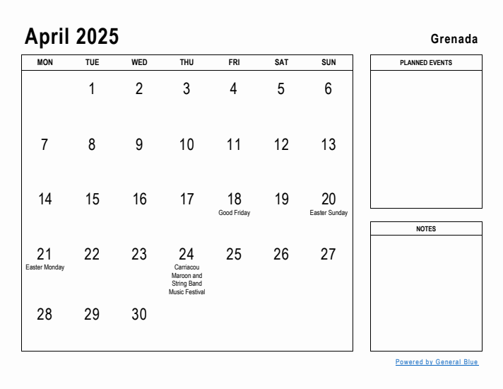 April 2025 Printable Monthly Calendar with Grenada Holidays