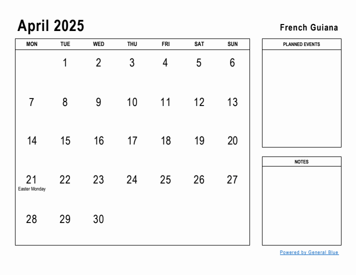 April 2025 Printable Monthly Calendar with French Guiana Holidays