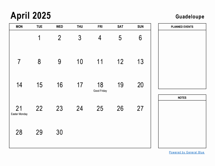 April 2025 Printable Monthly Calendar with Guadeloupe Holidays