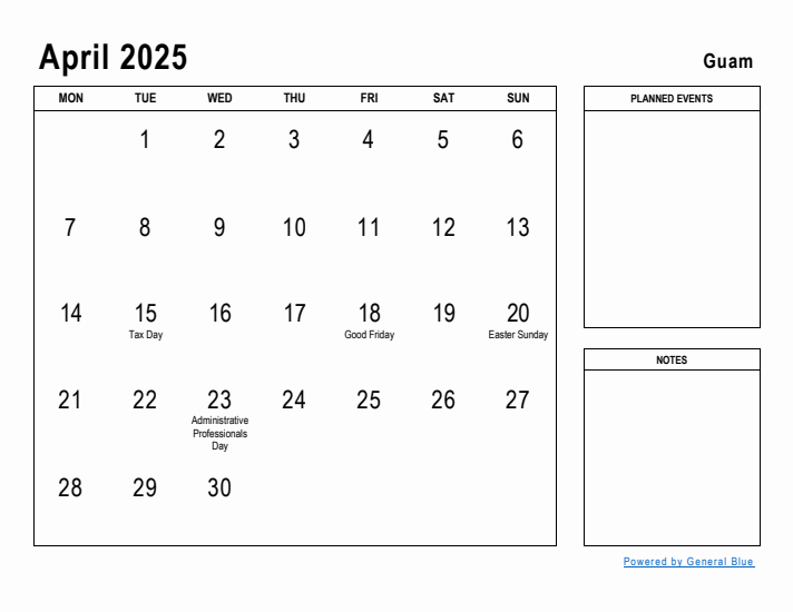 April 2025 Printable Monthly Calendar with Guam Holidays