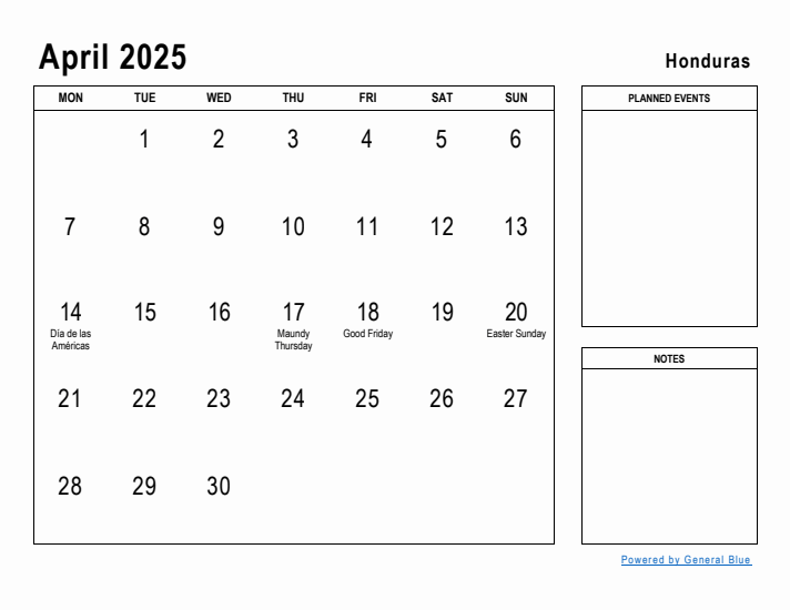 April 2025 Printable Monthly Calendar with Honduras Holidays