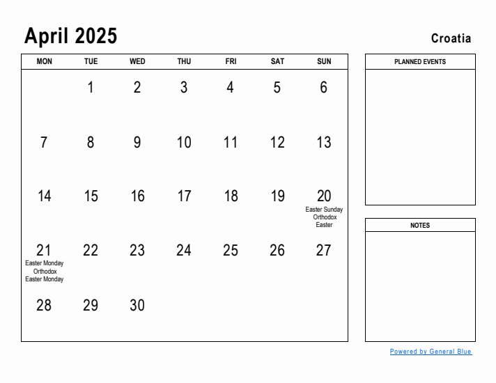 April 2025 Printable Monthly Calendar with Croatia Holidays