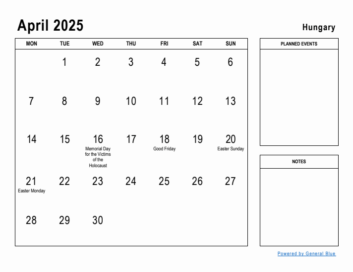 April 2025 Printable Monthly Calendar with Hungary Holidays