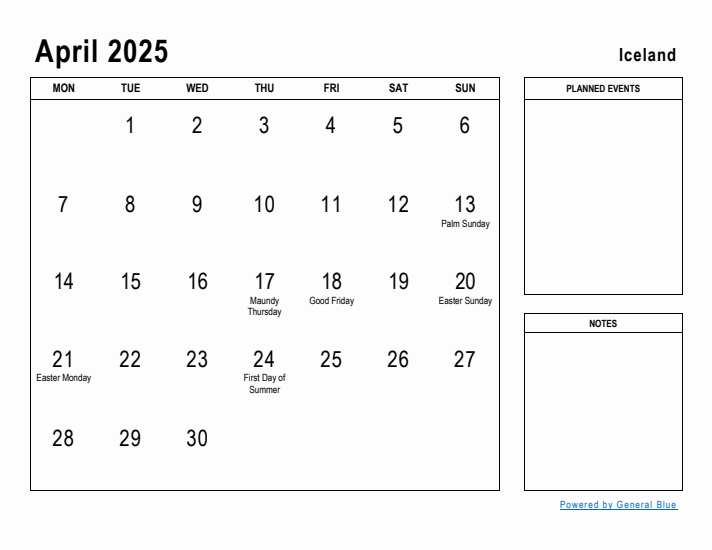 April 2025 Printable Monthly Calendar with Iceland Holidays