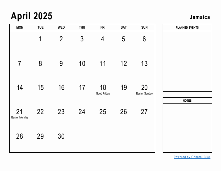 April 2025 Printable Monthly Calendar with Jamaica Holidays