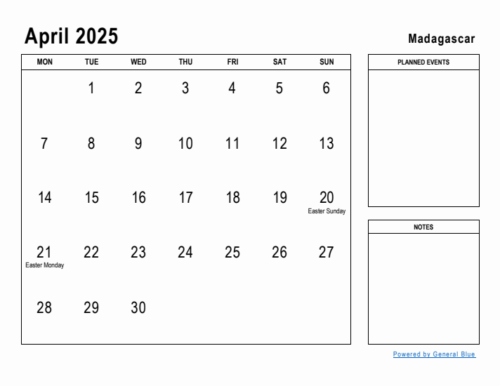 April 2025 Printable Monthly Calendar with Madagascar Holidays