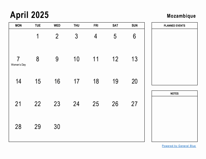 April 2025 Printable Monthly Calendar with Mozambique Holidays