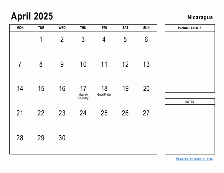 April 2025 Printable Monthly Calendar with Nicaragua Holidays