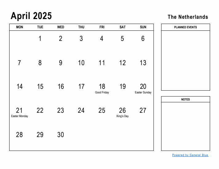 April 2025 Printable Monthly Calendar with The Netherlands Holidays