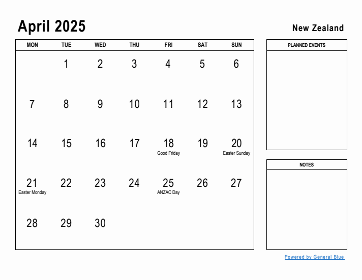 April 2025 Printable Monthly Calendar with New Zealand Holidays