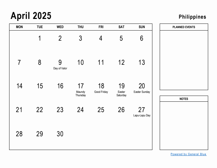 April 2025 Printable Monthly Calendar with Philippines Holidays