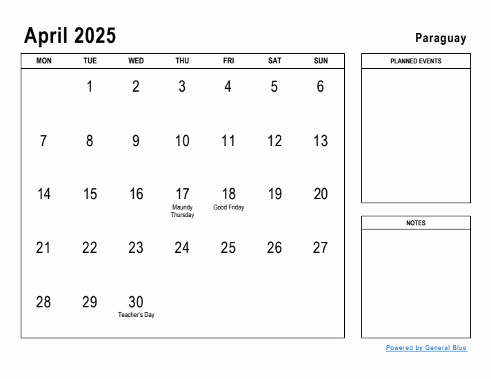 April 2025 Printable Monthly Calendar with Paraguay Holidays