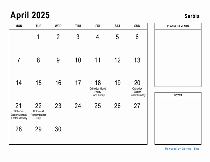 April 2025 Printable Monthly Calendar with Serbia Holidays