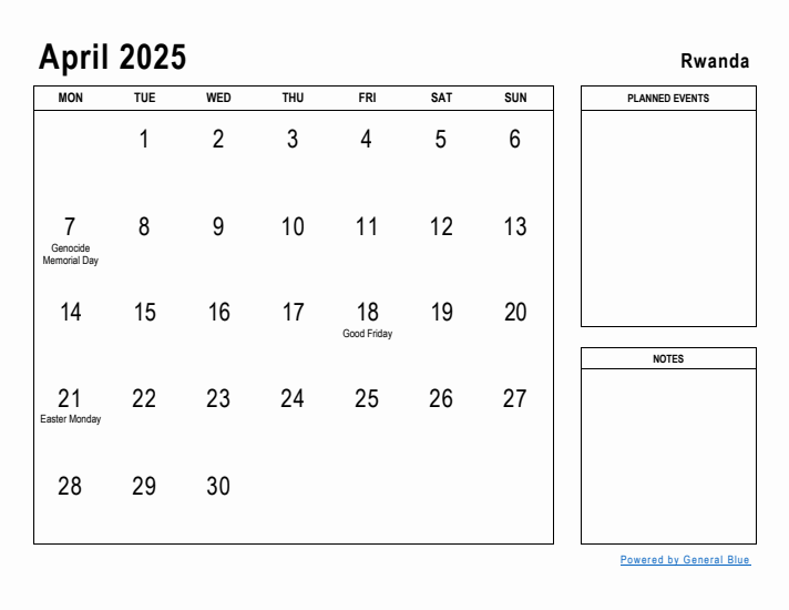 April 2025 Printable Monthly Calendar with Rwanda Holidays