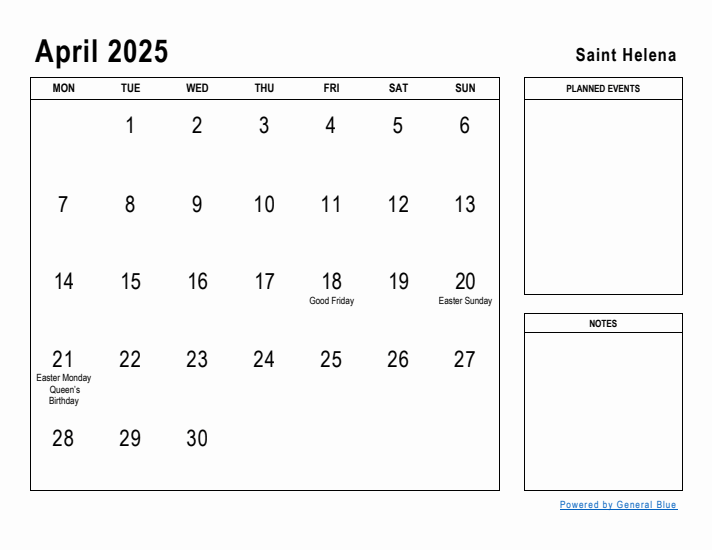 April 2025 Printable Monthly Calendar with Saint Helena Holidays