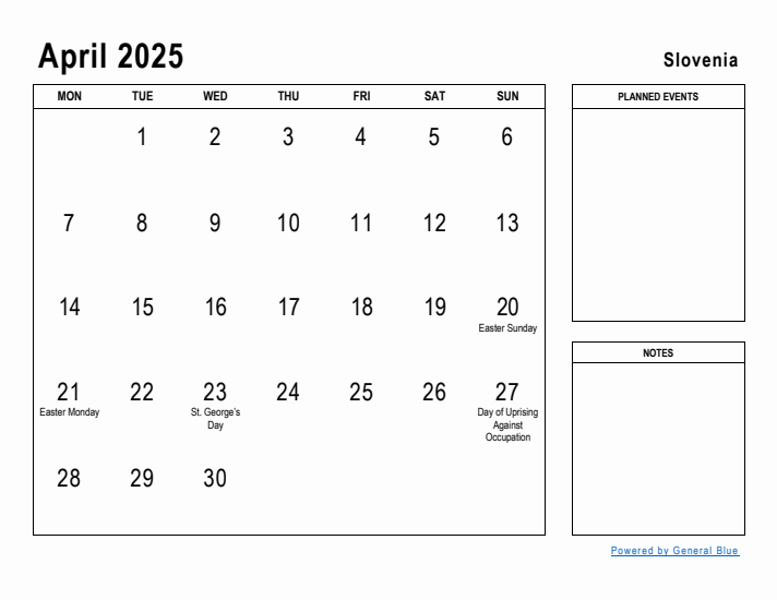 April 2025 Printable Monthly Calendar with Slovenia Holidays