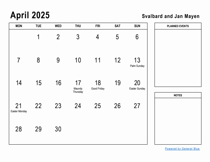 April 2025 Printable Monthly Calendar with Svalbard and Jan Mayen Holidays