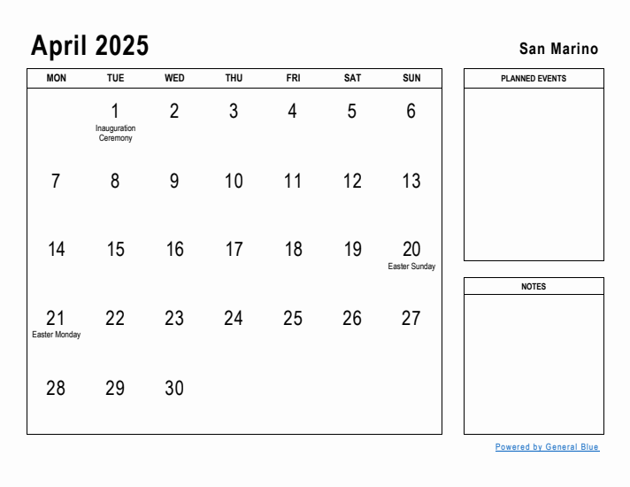 April 2025 Printable Monthly Calendar with San Marino Holidays