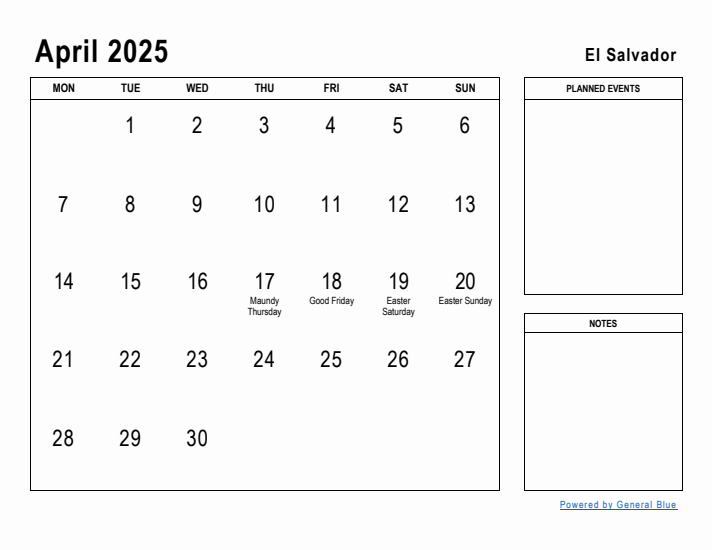 April 2025 Printable Monthly Calendar with El Salvador Holidays