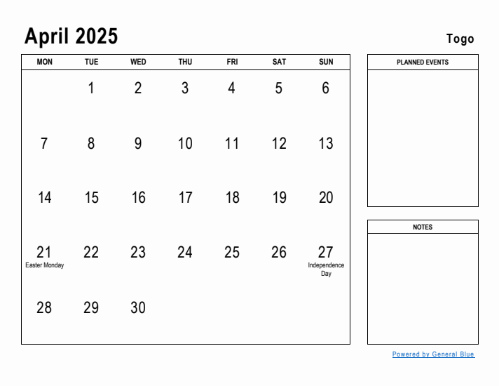 April 2025 Printable Monthly Calendar with Togo Holidays