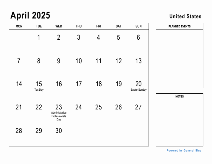 April 2025 Printable Monthly Calendar with United States Holidays