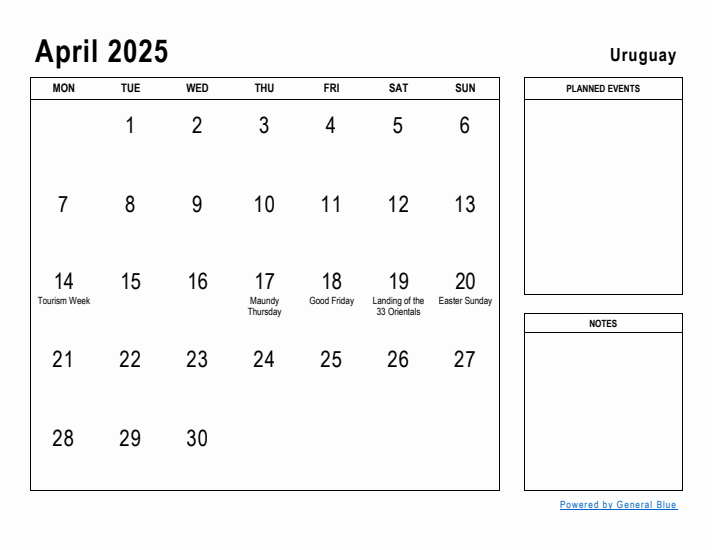 April 2025 Printable Monthly Calendar with Uruguay Holidays