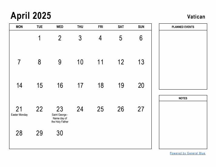 April 2025 Printable Monthly Calendar with Vatican Holidays