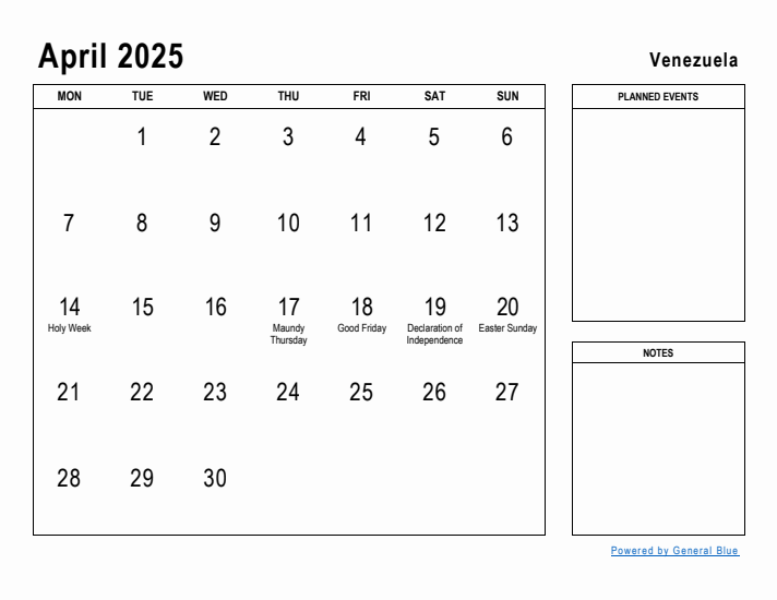 April 2025 Printable Monthly Calendar with Venezuela Holidays