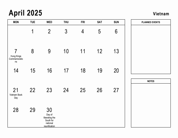 April 2025 Printable Monthly Calendar with Vietnam Holidays