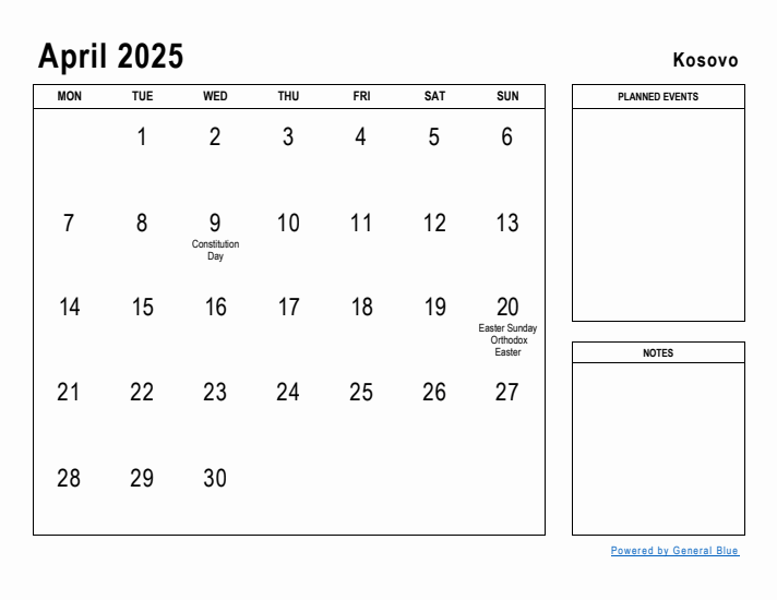 April 2025 Printable Monthly Calendar with Kosovo Holidays