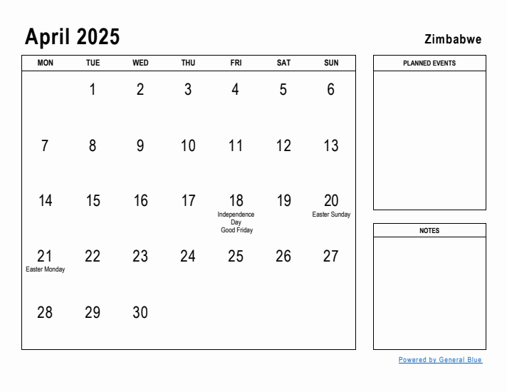 April 2025 Printable Monthly Calendar with Zimbabwe Holidays