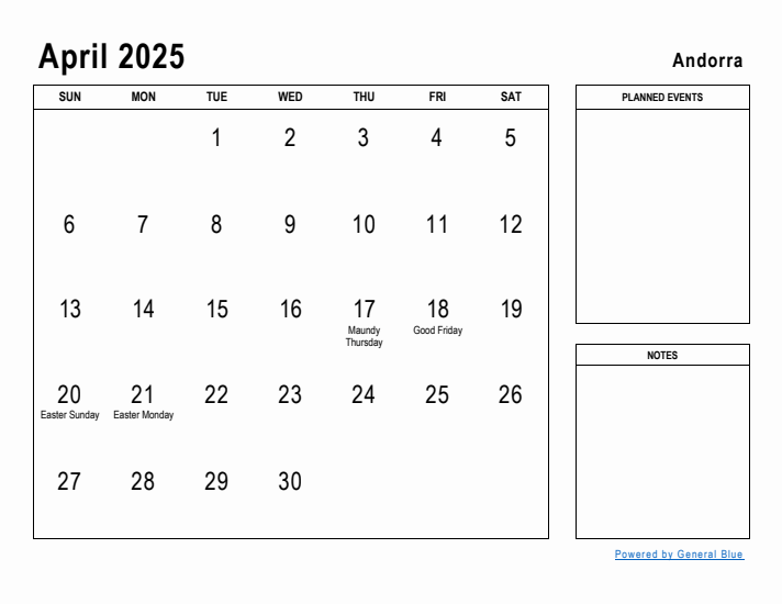 April 2025 Printable Monthly Calendar with Andorra Holidays