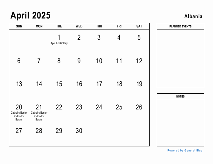 April 2025 Printable Monthly Calendar with Albania Holidays