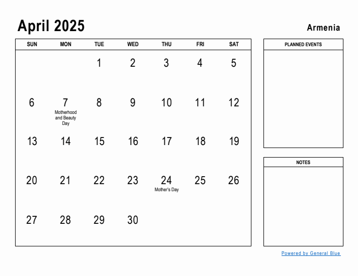 April 2025 Printable Monthly Calendar with Armenia Holidays